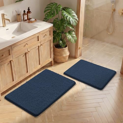 Bcoimo Bath Rug Mat Sets, 2 Piece High Absorbent Chenille Bathroom Mat Navy