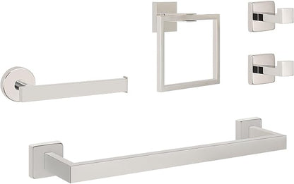 NearMoon 5 Pieces Bathroom Hardware Set 304 Stainless Steel - Square Towel Rack Set Include 16" Towel Rod + Towel Ring + Toilet Paper Holder + 2 Robe Towel Hooks Bathroom Accessories (Chrome Finish)