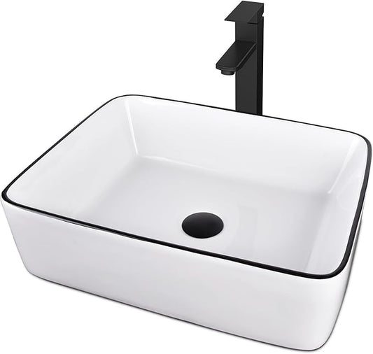 Ceramic Bathroom Sink, White 19" x 15" Above Counter Porcelain Vessel Sink with Black Faucet and Pop up drain Set, Rectangle