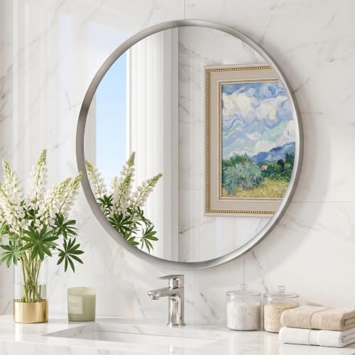 30 inch Brushed Nickel Round Bathroom Mirror,Sliver Circle Mirror