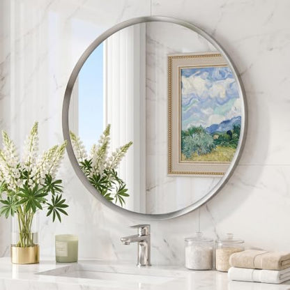 40 inch Brushed Nickel Round Mirror,Large Sliver Circle Mirror