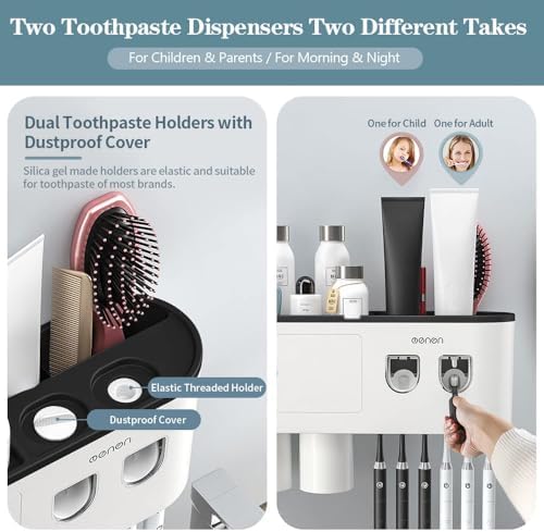 Toothbrush Holders Wall Mounted, Toothbrush Holder with Automatic Toothpaste Dispensers, 6 Brush Slots, 2 Magnetic Cups,1 Cosmetic Drawer Organizer and 1 Large Storage Tray