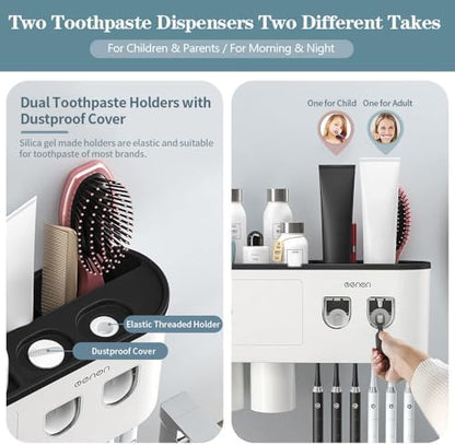 Toothbrush Holders Wall Mounted, Toothbrush Holder with Automatic Toothpaste Dispensers, 6 Brush Slots, 2 Magnetic Cups,1 Cosmetic Drawer Organizer and 1 Large Storage Tray