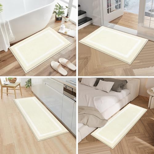 Pauwer Bathroom Rugs 3 Piece Set, Non Slip Washable Bath Mat, Ivory