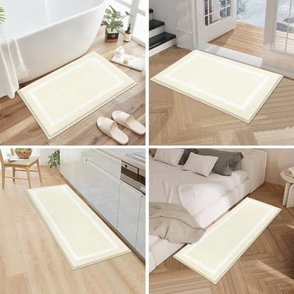 Pauwer Bathroom Rugs 3 Piece Set, Non Slip Washable Bath Mat, Ivory