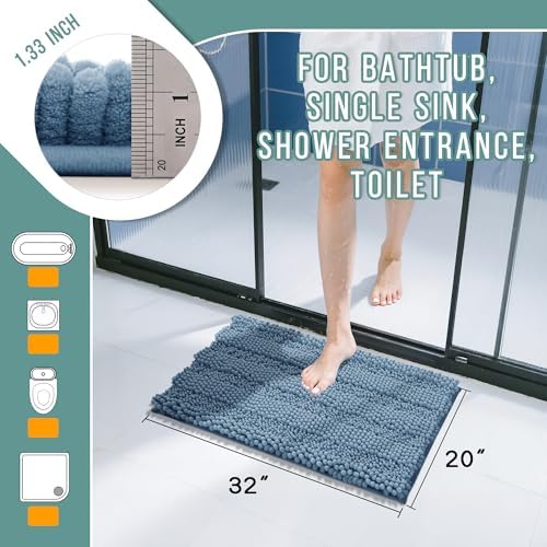 Yimobra Bathroom Rug Mat 32 x 20, Non Slip and Super Absorbent Bath Mat,Machine Washable Quick Dry,Ultra Plush Chenille Shower Rugs for Bathroom Floor Sink Tub and Shower Outside,Denim Blue