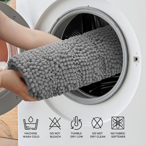 Bcoimo Bath Rug Mat,44x24 Chenille Non Slip Gray Long Bathroom Runner Rugs