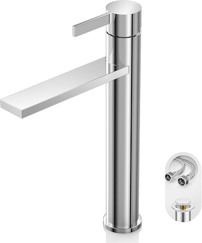 Chrome Tall 1 Hole Bathroom Vessel Sink Faucet, Single Hole Single Handle Modern Bathroom Faucet, with Pop Up Drain and Water Supply Line, FH02-C-V