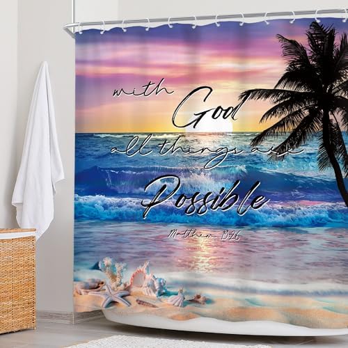 Ocean Coastal Bible Verse Sunrise Beach Quotes Bathroom Shower Curtain Set