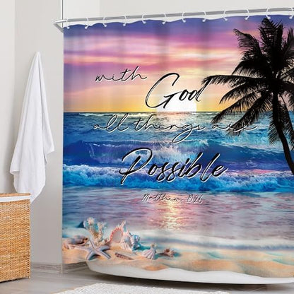 Ocean Coastal Bible Verse Sunrise Beach Quotes Bathroom Shower Curtain Set