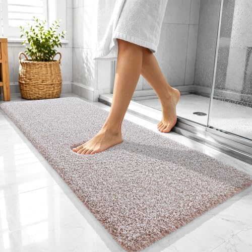 OLANLY Microfiber Bathroom Rugs 47x20, Quick Dry Bath Mat, Mocha and White