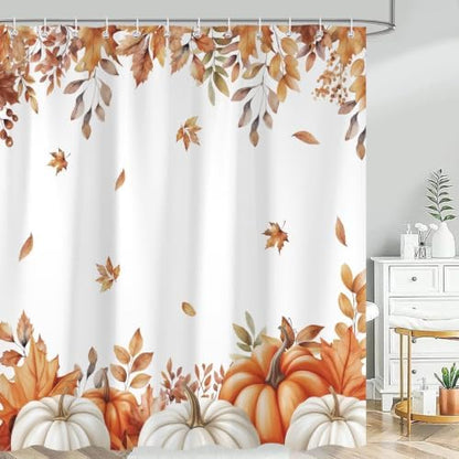 Fall Pumpkins Shower Curtain, Autumn Maple Leaf Leaves Harvest Thanksgiving Farmhouse Bathr Curtains Set,Waterproof Fabric Bathroom Curtains Decor 72X78IN