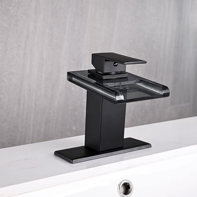 LED Bathroom Sink Faucet, Matte Black Waterfall Single Hole Handle Vanity Faucets for Sinks 1 Hole with Metal Pop Up Drain and 2 Water Supply Lines, Open Glass Spout