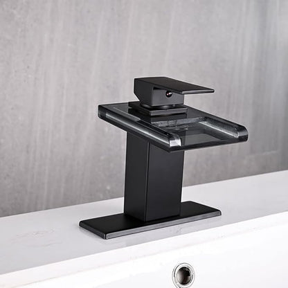 LED Bathroom Sink Faucet, Matte Black Waterfall Single Hole Handle Vanity Faucets for Sinks 1 Hole with Metal Pop Up Drain and 2 Water Supply Lines, Open Glass Spout