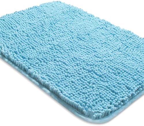 Yeaban Chenille Sky Blue Bathroom Rug 20"x32", Non-Slip Rubber Backing