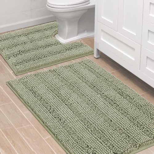 H.VERSAILTEX Bathroom Rug Sets 2 Piece Bath Mats Non Slip Thick Soft Chenille Striped Bath Rug achine Washable Shower Floor Rugs for Tub, Shower and Floor (Eucalyptus Green, 36"x24" Plus 20"x24" U)