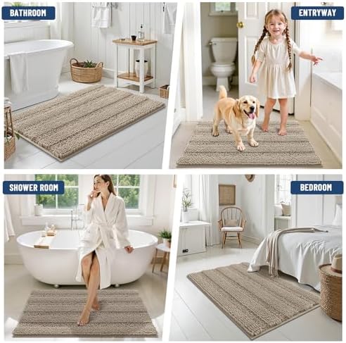 Grandaily Chenille Striped Bathroom Rugs 24x16, Extra Thick and Soft Absorbent Bath Mats, Rubber Backing, Plush Shaggy Shower Carpet, Machine Wash Dry, Bath Rug for Bathroom, Warm Taupe