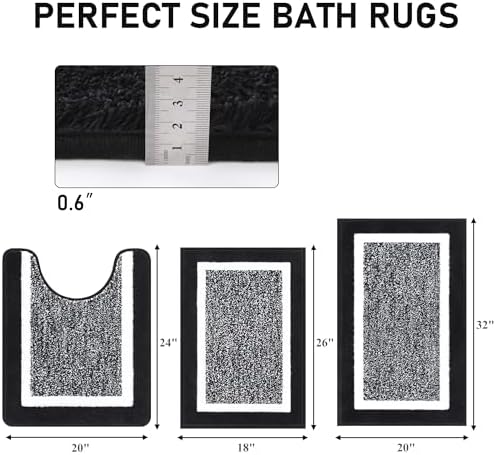 Pauwer 3 Piece Bathroom Rug Set, Non Slip Washable Bath Mat, Black