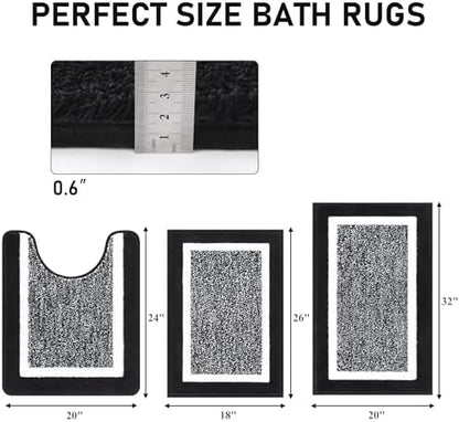 Pauwer 3 Piece Bathroom Rug Set, Non Slip Washable Bath Mat, Black