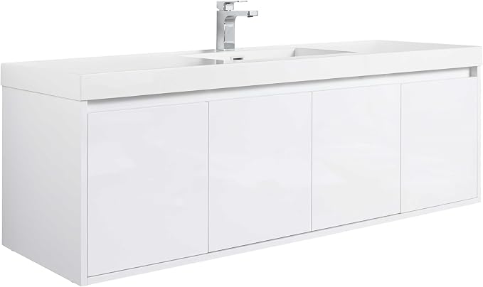 Blossom 60 Inch Floating Bathroom Vanity, Modern Single Sink Vanity with Marine-Grade Plywood, Zero-VOC Glossy White Wall Mounted Cabinet, Pre-Assembled for Easy Plumbing Install