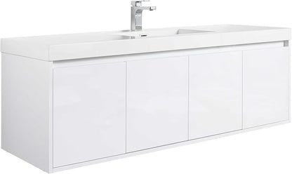 Blossom 60 Inch Floating Bathroom Vanity, Modern Single Sink Vanity with Marine-Grade Plywood, Zero-VOC Glossy White Wall Mounted Cabinet, Pre-Assembled for Easy Plumbing Install