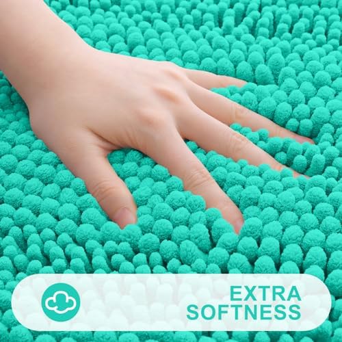 Grandaily Chenille Striped Bathroom Rugs 59x20, Extra Thick and Absorbent Bath Mats, Non-Slip Soft Plush Shaggy Shower Carpet, Machine Wash Dry, Bath Rug for Bathroom, Teal