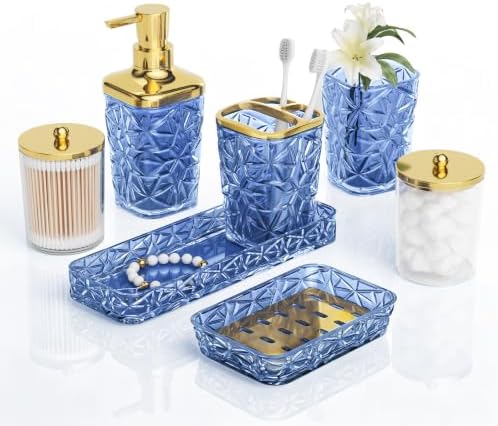 Bathroom Accessories Set, Navy Blue Bathroom Accessories, Acrylic Soap Dispenser and Toothbrush Holder Set, Qtip Holder Set, Bathroom Sink Set, Gift for Home Apartment