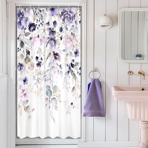 Floral Small Stall Purple Pink Leaf Bathroom Shower Curtain Set