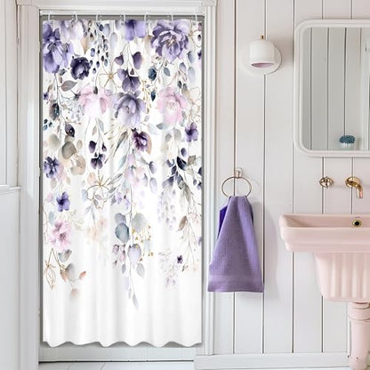Floral Small Stall Purple Pink Leaf Bathroom Shower Curtain Set
