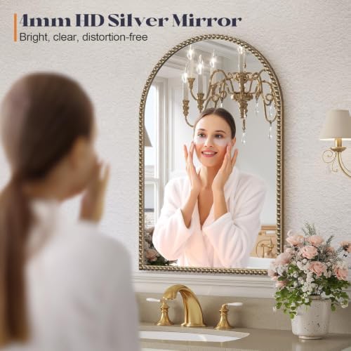 Arched Beaded Mirror, 28"x36" Champagne Bronze Mirror for Bathroom