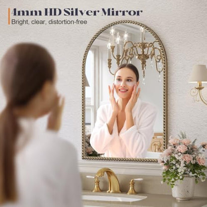 Arched Beaded Mirror, 28"x36" Champagne Bronze Mirror for Bathroom
