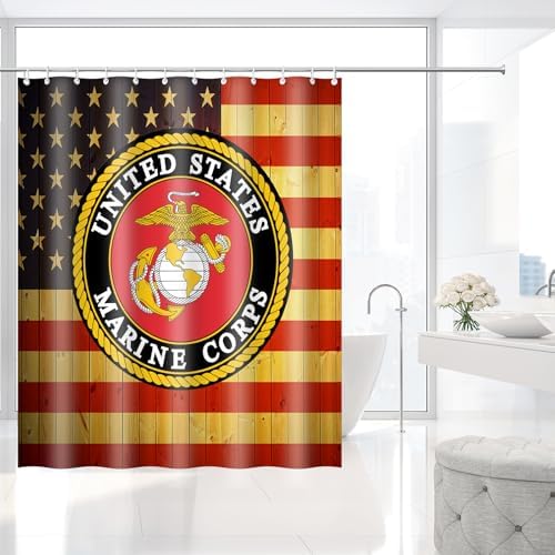 US Marine Corps Wooden American Flag Shower Curtain with Hooks 72 x 72 Inch