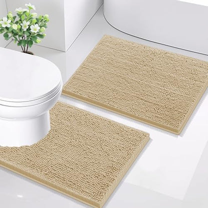 Smiry Chenille Bathroom Rugs Sets 2 Piece (24x16+ U Shape 24x20, Beige)