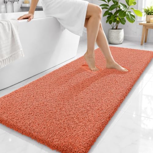 OLANLY Microfiber Bathroom Runner Rugs 59x24, Ultra Soft Bath Mat, Coral