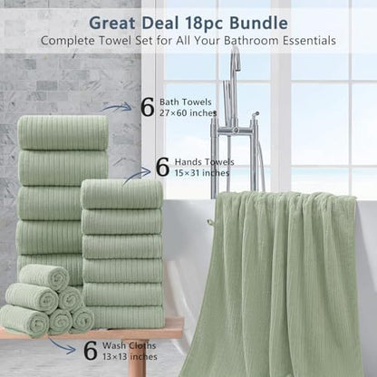 18 Piece Bath Towels Set,Super Soft Family Bathroom Towel Set with Hanging Loops-6 Bath Towels,6 Hand Towels,6 Washcloths,Highly Absorbent Quick Dry Shower Towel for Bathroom,Hotel,Spa-Green Towel Set