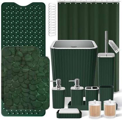 XLHOMO 26PC Bathroom Accessories Set - Gorgeous Green Bathroom Set, Bathroom Accessory Set, Shower Curtain Set with Bathtub Mats for Shower Tub, Trash Can & Soap Dispenser