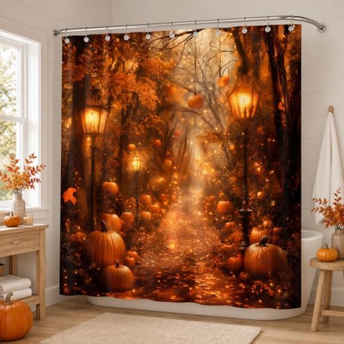 Fall Shower Curtain, Autumn Pumpkin Forest Path Bathroom Curtain, Maple Leaves Harvest Thanksgiving Farmhouse Waterproof Polyester Fabric with Hooks 72x72 Inch