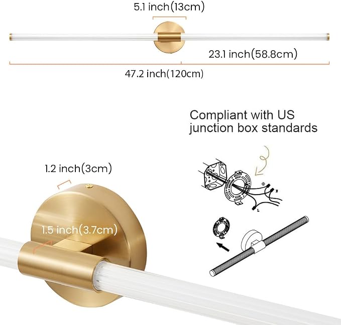Gold Bathroom Vanity Lights 47" Long LED Vanity Light Bar | 360° Bright Bathroom Lights, Dimmable Vanity Light, Hardwired Wall Light 3000K Warm White for Mirror