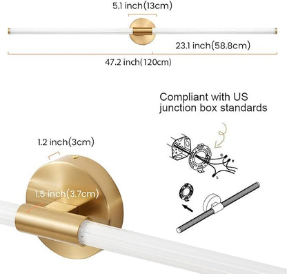Gold Bathroom Vanity Lights 47" Long LED Vanity Light Bar | 360° Bright Bathroom Lights, Dimmable Vanity Light, Hardwired Wall Light 3000K Warm White for Mirror
