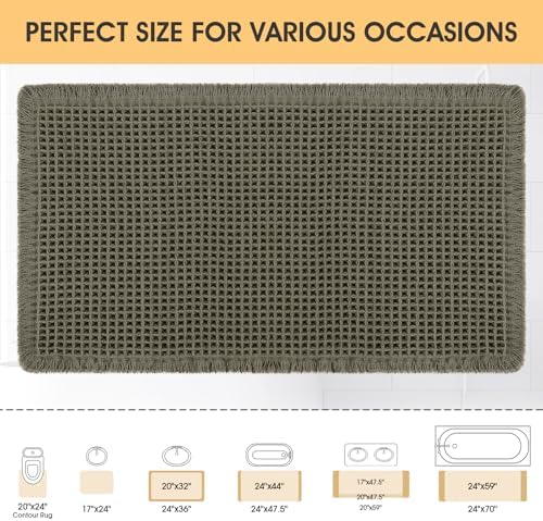 IM HOME Waffle Bath Mat Olive Green 36"x24", Boho Woven Modern Bath Mat Rugs, Absorbent Non Slip Bathroom Rugs, Soft Washable Bath Rugs with Tassels for Bathroom, Bedroom, Kitchen, Shower, Tub