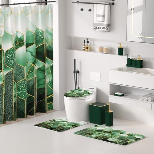 XLHOMO Bathroom Set - 26PC Bathroom Set with Shower Curtain and Rugs, Bathroom Accessory Set, Dark Green Bathroom Accessories Set, Trash Can & Soap Dispenser