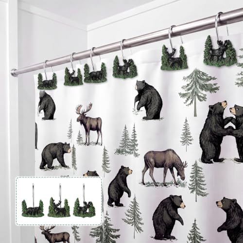 Roowest 12 Pcs Farmhouse Shower Curtain Hooks Wildlife Animal Bear Deer