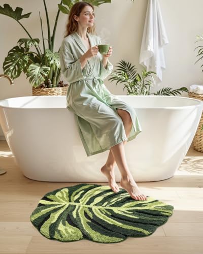 DEXI Cute Bath Mat, Green Leaf Monstera Bathroom Rugs 31.5x23.5