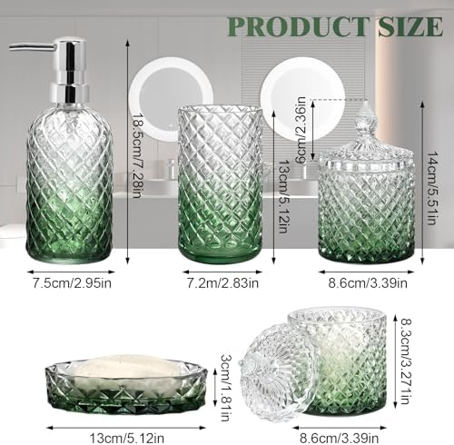 Bathroom Accessories Set, 5Pcs Bathroom Soap Dispenser Set, Glass Bathroom Accessories with Glass Soap Dispenser, Soap Dish, Toothbrush Holder, Tumbler, Cotton Swab Jar (Gradient Clear & Green)