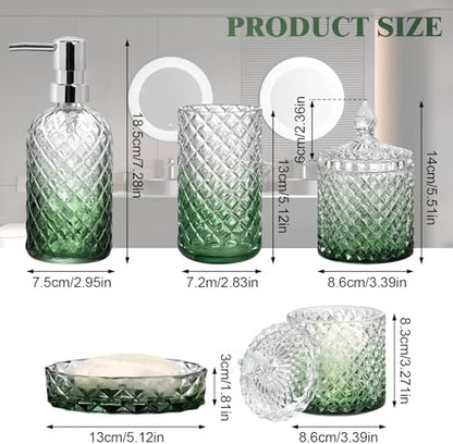 Bathroom Accessories Set, 5Pcs Bathroom Soap Dispenser Set, Glass Bathroom Accessories with Glass Soap Dispenser, Soap Dish, Toothbrush Holder, Tumbler, Cotton Swab Jar (Gradient Clear & Green)