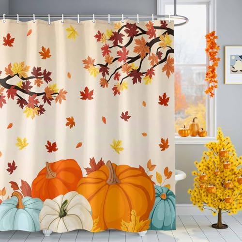 Shower Curtain Bathroom Set Fall Thanksgiving Pumpkin Maple Leaf Waterproof Shower Curtains with Grommets Hooks Orange Gradient Privacy Bath Curtain for Bathtub Decor 48x72in