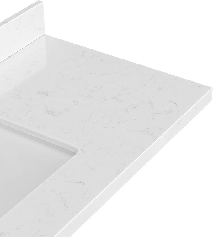 ARIEL 48 inch Bathroom Vanity top with Sink, 1.5 Inch Thick Miter Edge Carrara White Quartz top, Rectangle Single Porcelain Sink, Includes Backsplash