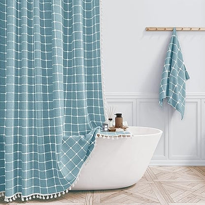 BTTN Teal Boho Farmhouse Linen Heavy Duty Shower Curtain, 72x72, Turquoise