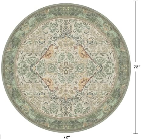 Hazo Haus Washable Sage Green 6ft Area Round Rug for Living Room - Vintage Circular Rug for Kids Bedroom, Dining Room, Office with Botanical Floral Bird Pattern, Low Pile Non Slip Stain Resistant