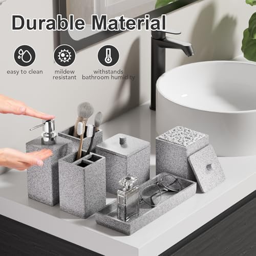 Gray Bathroom Accessories Set Resin 6PCS, Square Toothbrush Holders Set Complete with Soap Dispenser, Vanity Tray, Tumbler, Cups and Cotton Swab Jars for Counter, Sink or Small Spaces